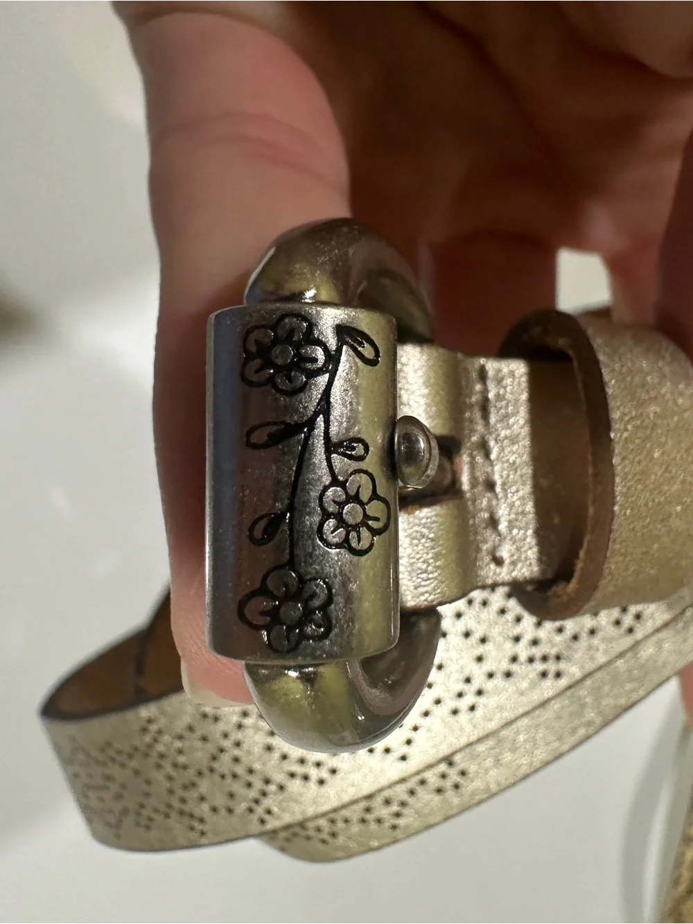 Fossil Metallic Gold Perforated Leather Belt with Floral Buckle
